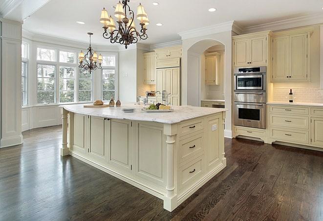 close-up of textured laminate flooring in a kitchen in Albany